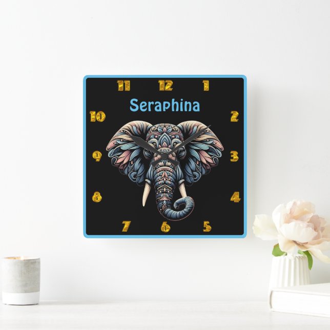 Nature-inspired intricate elephant design square wall clock (Home)