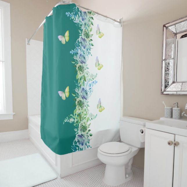 Nature-Inspired Teal Green Shower Curtain (In Situ)