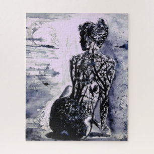 Nature Lady - Black & White - Watercolor Painting Jigsaw Puzzle