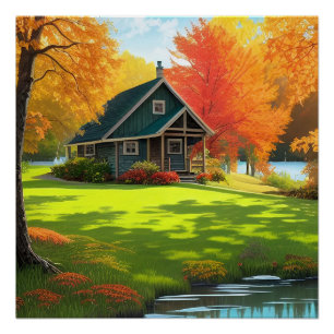 Nature Landscape with Lake and Cottage Poster