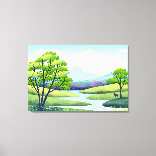 Nature Landscape with Lake and Deer Canvas Print (Front)