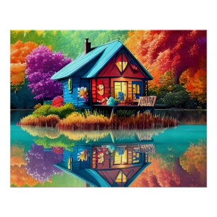 Nature Landscape with Lake, Cottage, Autumn Poster