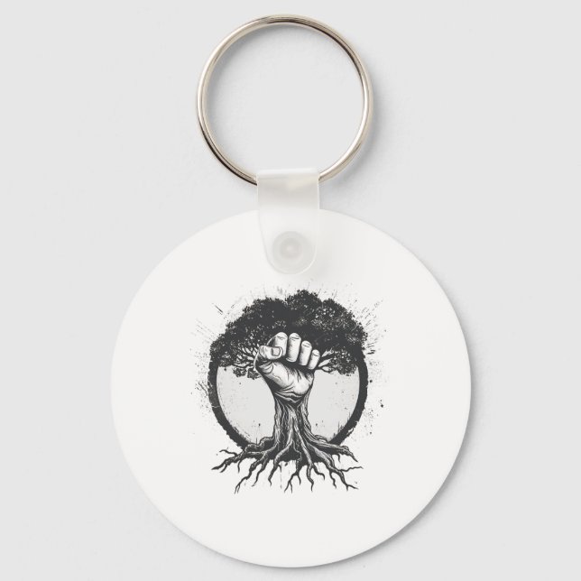 Nature Lover Environmentalist Fist Tree Roots Eart Keychain (Front)
