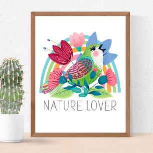 Nature Lover Watercolor Bird Flowers Rainbow Colou Poster