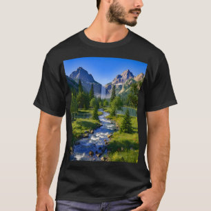 Nature Mountains Waterfall River Trees Flowers T-Shirt