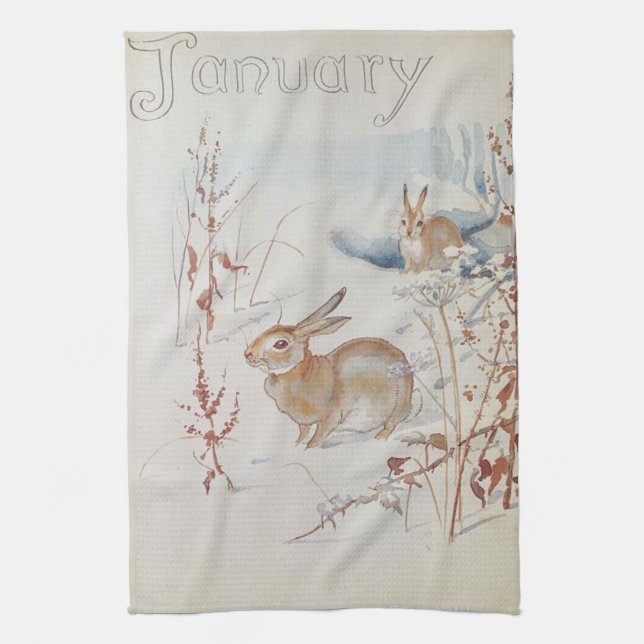 Nature Notes, January by Edith Holden Tea Towel (Vertical)