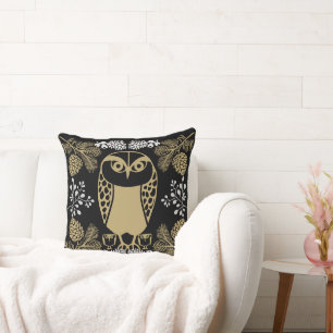 Nature Owl Folk Art Throw Pillow