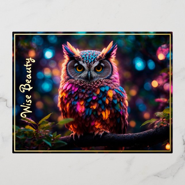 Nature Owl Forest Bird Neon Lovely Trees Feathers Foil Holiday Postcard (Front)