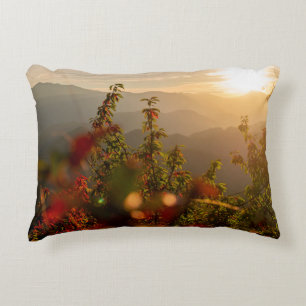 Nature photography of green trees overlooking moun accent pillow
