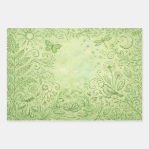 Nature, Plants and Wildlife Elements Pastel Green Wrapping Paper Sheet