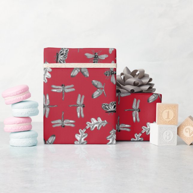  Nature print  red and silver wrapping paper (Baby Shower)