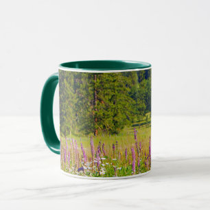 Nature scene, green, violet, meadow, wildflowers mug