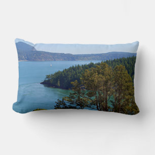 Nature scene, water scene, blue and forest green lumbar pillow