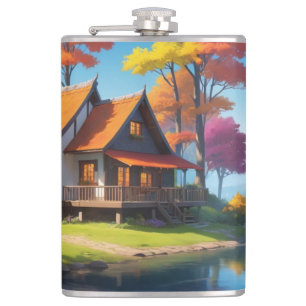 Nature Scenery with A Cottage Besides Lake-5656 Hip Flask