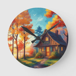 Nature Scenery with a Cottage in The Forest-68780 Round Clock