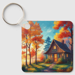 Nature Scenery with a Cottage in The Forest Keychain