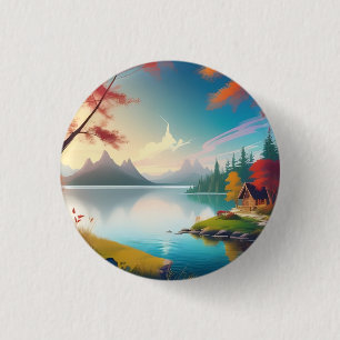 Nature Scenery with A Lake and Cottage 1 Inch Round Button