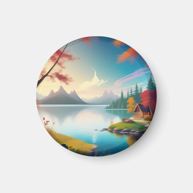Nature Scenery with A Lake and Cottage  Magnet (Front)