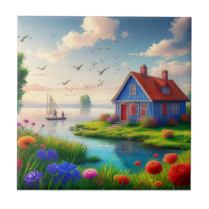 Nature Scenery with Cottage and Lake,-434567 Tile
