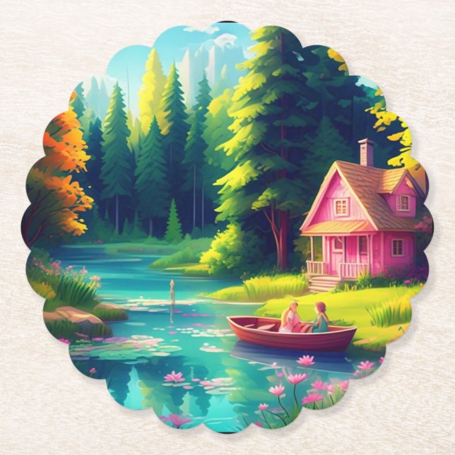 Nature Scenery With Pink Cottage-68486 Paper Coaster (Front)