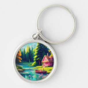 Nature Scenery with Pink Cottage-68884 Keychain