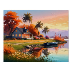 Nature Sunset Painting with Lake, Cottage  Poster