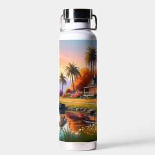 Nature Sunset Painting with Lake, Cottage  Water Bottle