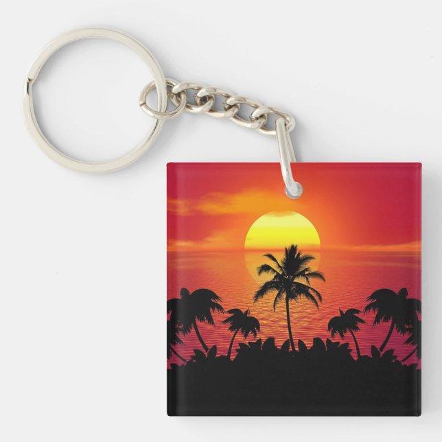Nature Sunset Palm Trees illustration Keychain (Front)
