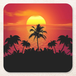 Nature Sunset Palm Trees illustration Square Paper Coaster