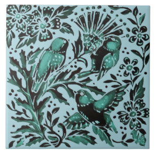Nature Teal Bue Birds & Flowers Aqua Green Pretty Tile