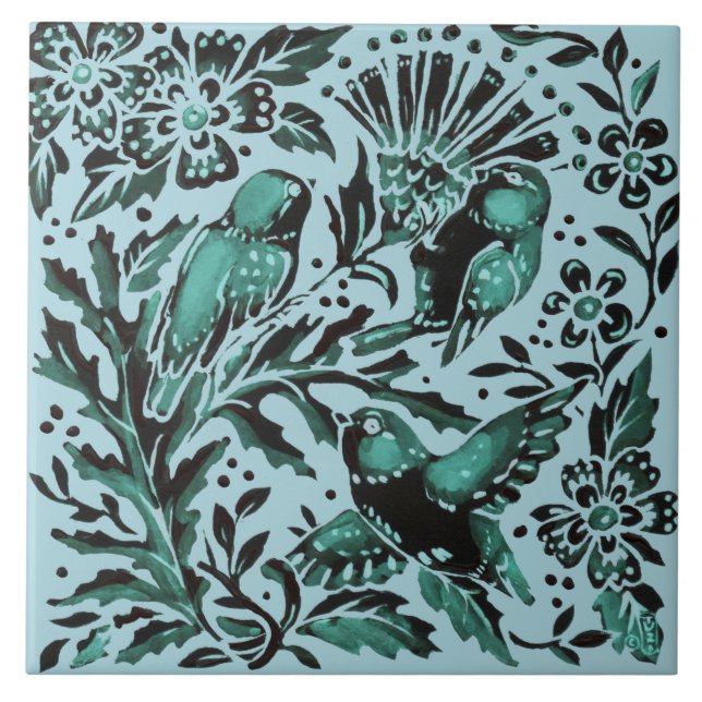 Nature Teal Bue Birds & Flowers Aqua Green Pretty Tile (Front)