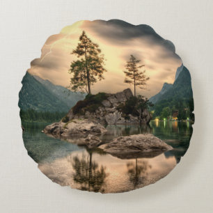 Nature Travels - Water Mountains Landscape Round Pillow