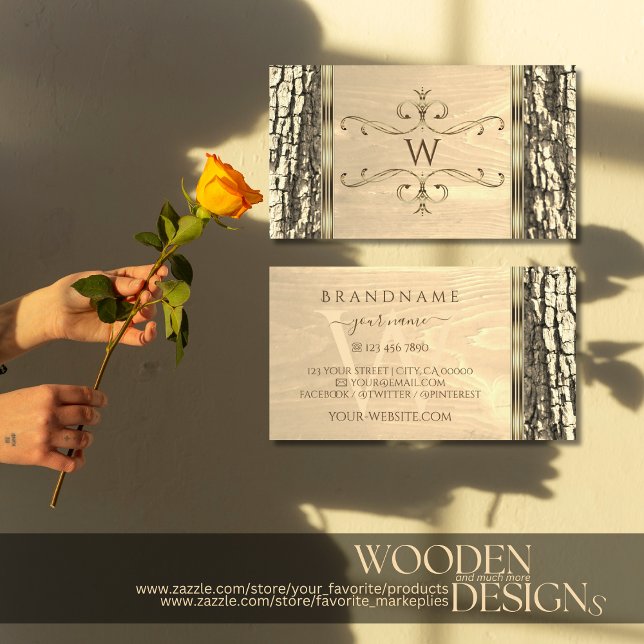 Nature Tree Bark Wood Grain Ornate Border Monogram Business Card (Creator Uploaded)