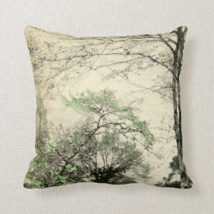 Nature Tree Branch Vintage Green Cream Leaves Throw Pillow