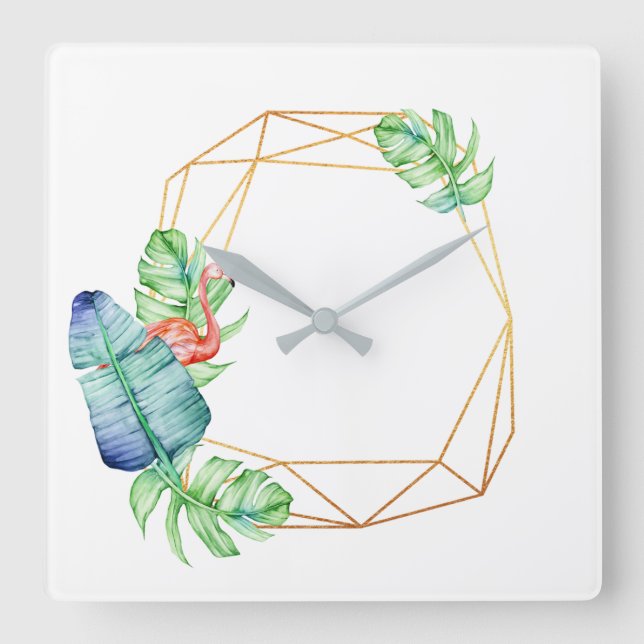 Nature Tropical White Gold Flamingo Leaf Poligonal Square Wall Clock (Front)