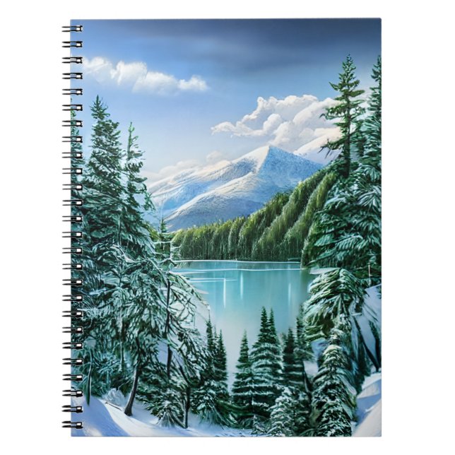 Nature Winter Sky Mountain Lake Pine Trees Notebook (Front)
