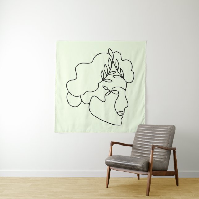 Nature Within – Abstract Botanical Face Line Art Tapestry (In Situ)
