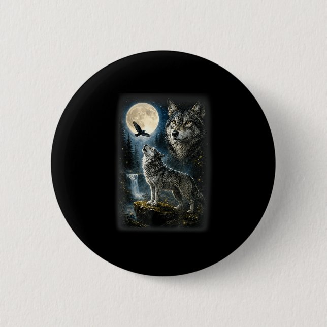 Nature wolf forest trees wolves wild animal moon 2 inch round button (Front)