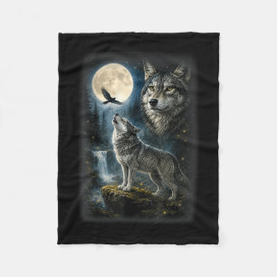 Nature wolf forest trees wolves wild animal moon fleece blanket