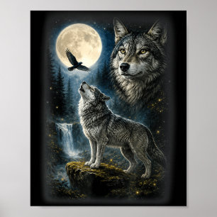 Nature wolf forest trees wolves wild animal moon poster