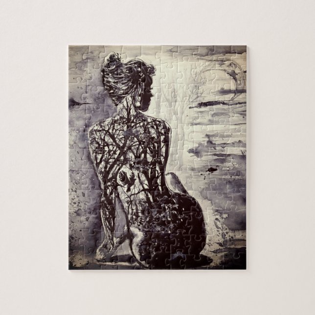 Nature Woman Puzzle Black and White Painting (Vertical)