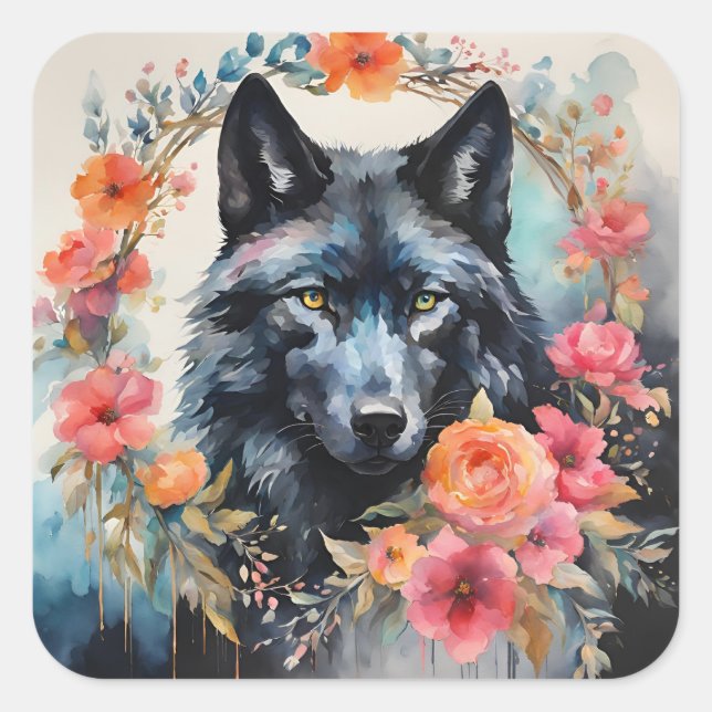 Nature's Magic - Charming Wolf in the Flower Parad Square Sticker (Front)