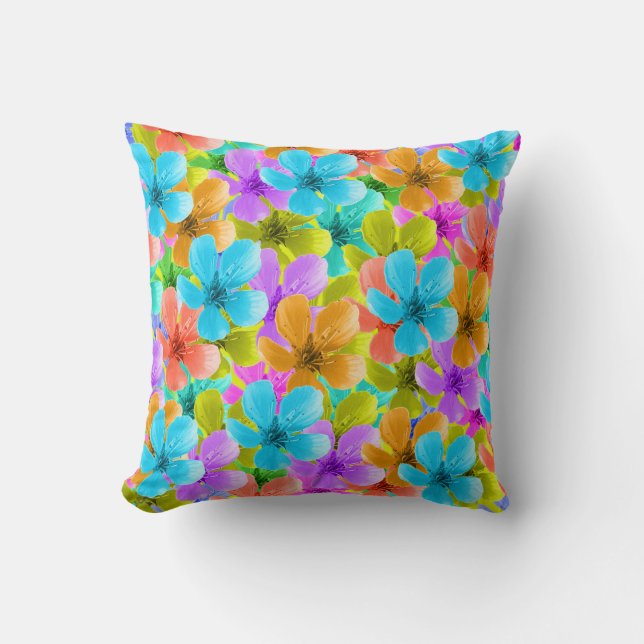 Nature's Palette: Tricoloured Blossom Blooms Throw Pillow (Front)