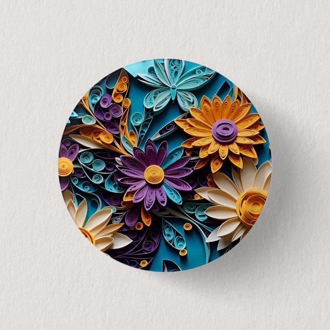 Nature's Symphony: Quilled Floral Paper Art 1 Inch Round Button (Front)