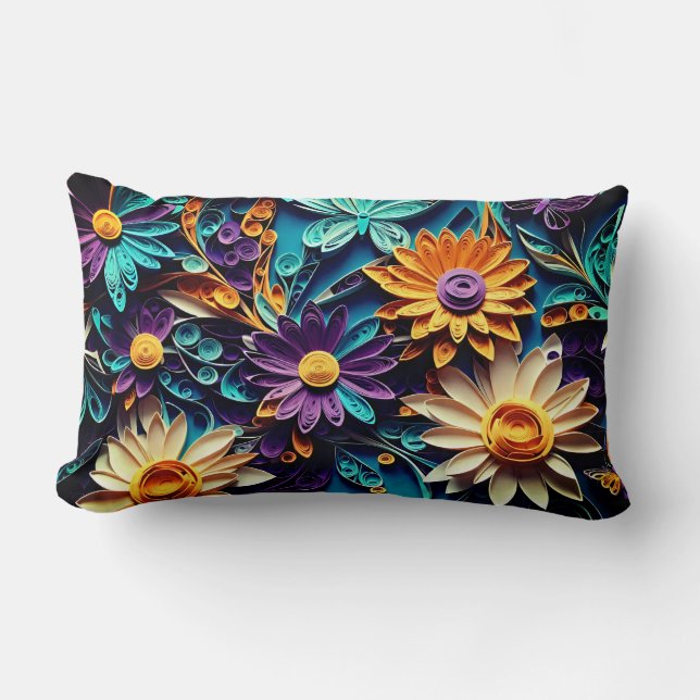 Nature's Tapestry: Quilled Floral Paper Artwork Lumbar Pillow (Front)