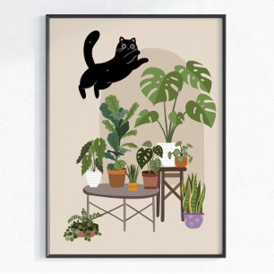 Naughty Black Cat & Monstera Jungle Poster