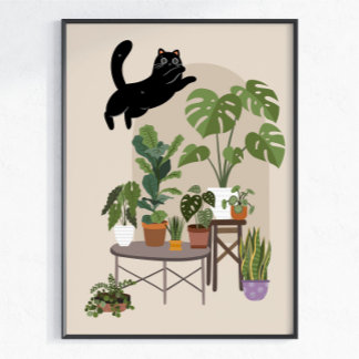 Naughty Black Cat & Monstera Jungle Poster