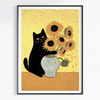 Naughty Black Cat Sunflower Painting Style Poster