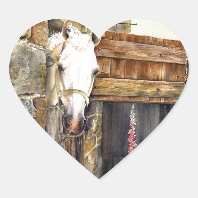 'Naughty Boy' white horse in a barn Heart Sticker (Front)