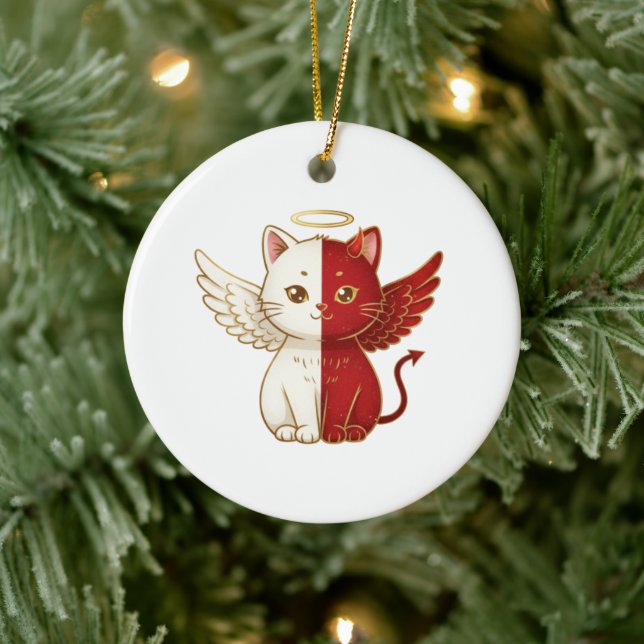 Naughty Cat Angel and Mischievous Cat Split Xmas Ceramic Ornament (Tree)